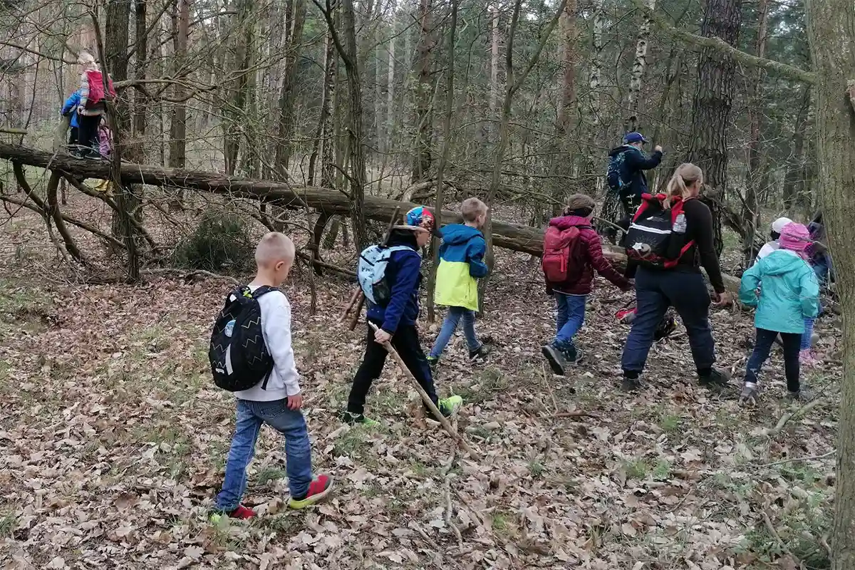 Kinder spazieren durch den Wald